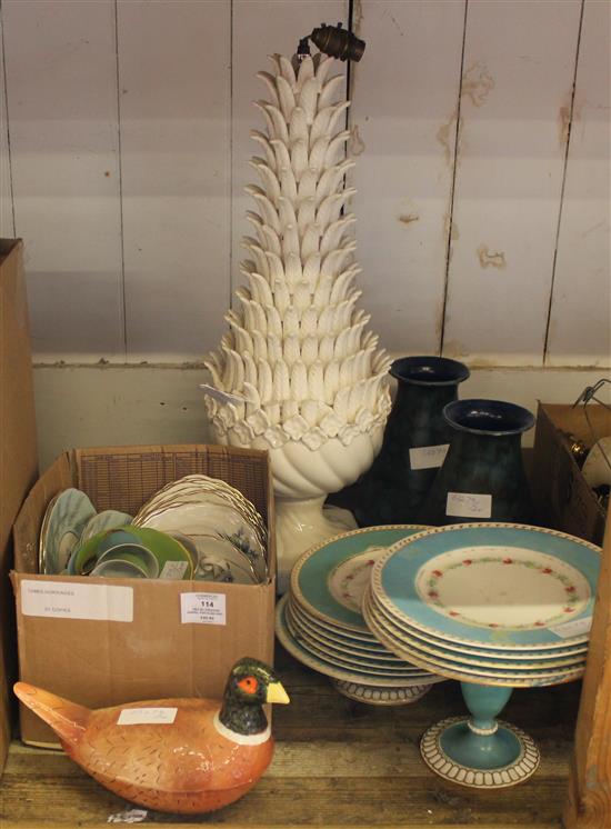 English turquoise banded porcelain part dessert service, bone china part tea service, pair vases and white china pineapple lamp base(